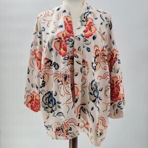 Zara TRF Outerwear Duster Kimono Jacket S-M White Floral Thick Fabric Open Front